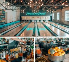 the bowling alley is filled with oranges and drinks