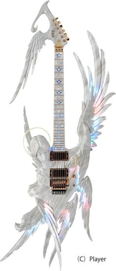 an electric guitar with angel wings on it's body and strings, is shown