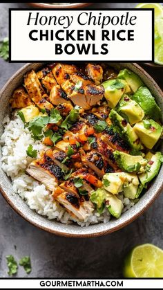 Spice up your weeknight dinners with these mouthwatering Honey Chipotle Chicken Rice Bowls! The perfect balance of sweet and spicy flavors, these bowls are ideal for quick, healthy meals or meal prepping. Packed with tender chicken, fluffy rice, and vibrant veggies, it’s a satisfying dish the whole family will love.  #HoneyChipotleChicken #SpicyChickenRecipe #RiceBowlRecipe #MealPrepIdeas #EasyWeeknightDinners #HealthyChickenRecipes #SweetAndSpicyChicken #ChipotleChicken #QuickDinnerIdeas #... Chicken Rice Protein Bowl, Chicken Buddha Bowl Recipe, Clean Eating Rice Bowls, Rice Bowl With Chicken, Honey Chipotle Chicken Bowls, High Protein Chicken Bowl, Waba Grill Copycat Chicken Bowl, Honey Chipotle Chicken Rice Bowl, Honey Lime Chicken Bowl