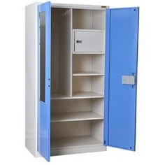 an open blue and white cabinet with shelves on both sides, one door opened to the other side