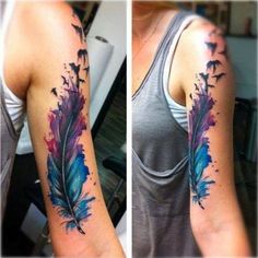 two pictures of a woman's arm with watercolor feathers on it