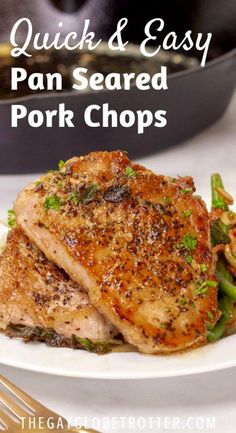 grilled pork chops on a white plate with green beans