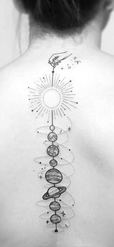 the back of a woman's neck with an image of planets and stars on it