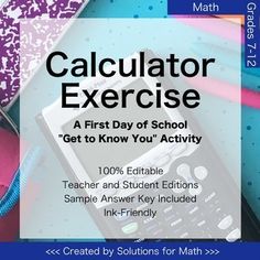 a calculator exercise is shown on the cover of a book with other school supplies