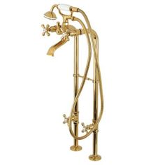 a gold shower faucet with two handset