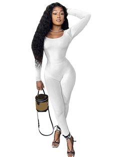 Material:Ribbed knit. 50%-70% Polyester.Features:Stretchy. long sleeve. solid color. scoop neck. bodycon. long pants. high waist. jumpsuits.Style: Casual Bodycon Tops, Bodycon Jumpsuit, Custom Size Dresses, Multi Dress, White Jumpsuit, Long Jumpsuits, Long Sleeve Bodycon, Black Jumpsuit, Tops For Leggings