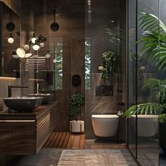 a bathroom with a toilet, sink and plants in the shower stall next to it