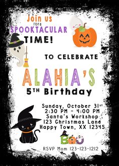 a halloween party with pumpkins, witches and ghost on the front of this birthday card