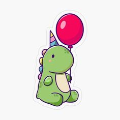 a green dinosaur with a party hat on its head holding a red balloon sticker