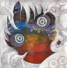 an abstract painting of a woman's face with large eyes and feathers on her head