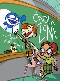 a boy and girl standing in front of a chalk board with the words chalk zone on it