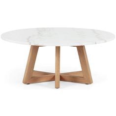 a white table with wooden legs and a round marble top, on a white background