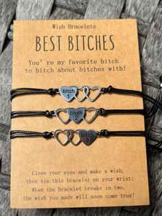 Our friendship bracelet set takes a whole new spin on friendship!  Perfect as a gift for you to share with your besties :) A special way for you to think of each other- even when you are apart. 💕 Material - Made of High-Quality Nylon Black Cord and heart charms 💕 Adjustable Size - The length is 4"-9", you can adjust the size through a sliding knot to fit even the largest or smallest of wrists Beautiful and adjustable, perfect for bitching about bitches! Adjustable Black Heart Bracelet For Best Friend Gift, Personalized Heart Bracelet For Best Friend Gift, Adjustable Novelty Jewelry For Friendship, Novelty Personalized Bracelets For Best Friend, Personalized Novelty Bracelets For Best Friend, Novelty Personalized Friendship Bracelets, Heart-shaped Friendship Bracelets For Mother's Day, Novelty Bracelets For Valentine's Day Gift, Personalized Novelty Jewelry For Friendship