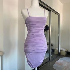 A Tight Bodycon Dress To Bring Out Your Body Shape. It’s Stretchy Too. Ships In 3 Days Text Me If You Have Any Questions #Ruched #Bodycon #Purple #Pastel #Cute Purple Fitted Bodycon Dress With Spaghetti Straps, Purple Stretch Spaghetti Strap Dresses, Purple Stretch Dress With Spaghetti Straps, Purple Ruched Bodycon Summer Dress, Stretch Purple Dresses With Spaghetti Straps, Chic Purple Ruched Mini Dress, Purple Bodycon Dress With Spaghetti Straps, Purple Spaghetti Strap Bodycon Dress For Date Night, Chic Fitted Purple Mini Dress