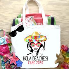 a bag with a woman wearing a sombrero and sunglasses on top of it