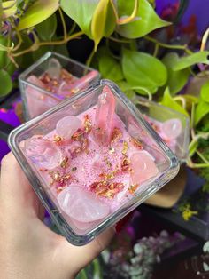 a person holding up a small container with pink substance in it next to some plants