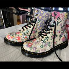 Brand New Without Tags. Adorable Flowered Docs! White Floral Print Round Toe Boots, Casual Floral Print Boots With Round Toe, Casual Floral Print Round Toe Boots, Multicolor Flat Heel Boots For Spring, Multicolor Floral Print Boots With Round Toe, Multicolor Floral Print Boots For Summer, Leather Boots With Floral Print For Spring, Spring Leather Boots With Floral Print, Multicolor Floral Print Summer Boots