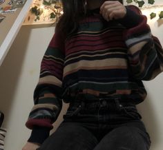 Fall Sweaters Aesthetic, 2016 Tumblr Outfits, Autumn Sweaters, Striped Sweater Outfit, Multicolor Sweater, Stripe Outfits, Fall Sweater, Fall Fits, Fall Fashion Outfits