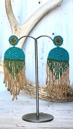 Turquoise, gold and green seed bead tassel earrings. 1” x 3” Seed Bead Tassel Earrings, Bead Tassel Earrings, Beaded Tassel Earrings, Gold And Green, Seed Bead Earrings, Beaded Tassels, Bead Earrings, Tassel Earrings, Seed Bead