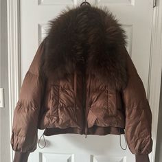 Brown Down Jacket White Duck Fluffy Fur Collar Brand New Never Worn. Size Medium. Fits More Like A Large. Great Quality. Fall Down Puffer Jacket With Faux Fur Lining, Winter Down Outerwear With Faux Fur Lining, Winter Outerwear With Faux Fur Trim And Down, Fall Fur Coat With Padded Collar For Cold Weather, Winter Down Outerwear With Faux Fur Trim, Brown Padded Collar Outerwear For Cold Weather, Brown Fall Puffer Jacket With Detachable Hood, Brown Puffer Jacket With Detachable Hood For Fall, Brown Down Outerwear For Fall