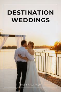 a bride and groom standing next to each other with the words destination wedding overlay