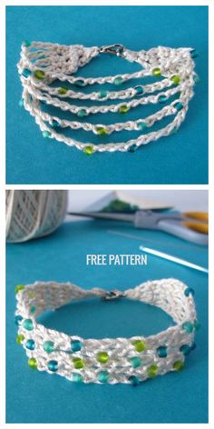 the instructions for crochet bracelets are shown in two different pictures, one with green