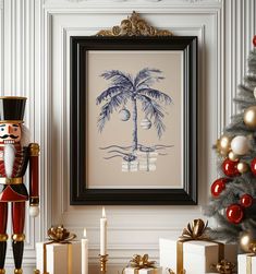 a nutcracker standing in front of a christmas tree with presents under it and a framed print on the wall