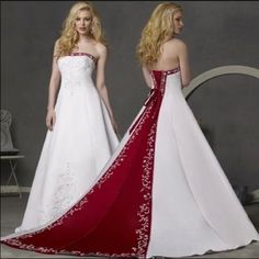 two women in white and red wedding gowns standing next to each other with their backs turned