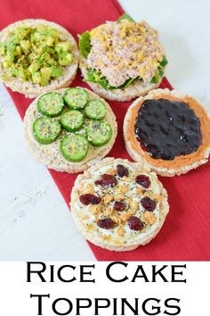 rice cake snack ideas with cucumbers and other toppings on a red place mat