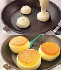 two pictures showing how to make pancakes in a skillet with eggs and cream on top