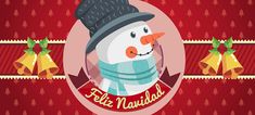 a snowman wearing a hat and scarf with bells around it on a red background