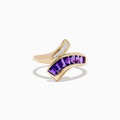 Effy 14K Yellow Gold Amythest and Diamond Ring Purple Diamond Ring In 14k Gold, Fine Jewelry 14k Gold Purple Diamond Ring, 14k Gold Purple Diamond Ring, Timeless Purple 14k Gold Rings, Timeless 14k Gold Amethyst Ring For Anniversary, Purple 14k Gold Rings With Brilliant Cut, 14k Gold Multi-stone Baguette Cut Ring, Classic Multi-stone Amethyst Ring In 14k Gold, Elegant 14k Gold Multi-stone Amethyst Ring