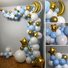 the balloon arch is decorated with blue, white and gold balloons