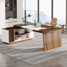 an office desk with two chairs and a bookcase in front of a large window