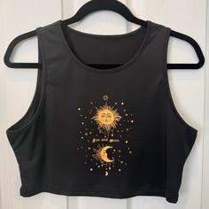 Shein Black Crop Top With Sun, Moon And Stars Design, Size L, New Without Tag. Unstretched Measurements Bust 38” Length 15” Non-Smoking Home, I Ship Fast! E2485 Fitted Black Tops With Moon Print, Black Summer Top With Moon Print, Black Moon Print Top For Festivals, Gothic Tops Women, Black Crop Top Outfit, Modern Witch Fashion, Moon And Stars Design, Crop Top Aesthetic, Street Style Outfits Casual