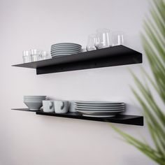 two black shelves with plates and cups on them next to a potted palm plant