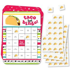 the taco bouti calendar is shown next to it's matching stickers