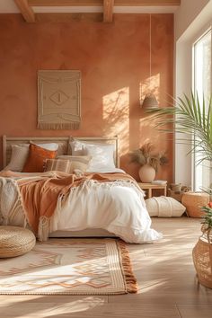 a bedroom with an orange wall and white bed in the center, potted plants on the floor