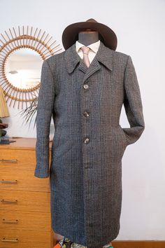 "vintage 50s 1950s French Overcoat, Grey Tartan wool * Size 38 DESCRIPTION : - 4 plastic buttons. - silk lined - Pure wool - 2 pockets INFOS : // label: Vêtements grand luxe // color: Grey Tartan // fabric: tagged as pure wool // condition: Excellent. No stains or odors. One very small hole on the back left shoulder (see picture) // size: Feels like a 38 but please compare the measurements shoulder to shoulder: 18.5\" - 47cm underarm to underarm: 22\" - 56cm shoulder to cuff: 23.5\" - 60cm back length: 42\" - 106cm !! HEAVY COAT, SHIPPING COSTS MIGHT BE EXPENSIVE DEPENDING WHERE YOU LIVE !! SALES POLICY: // Free shipping to France // International buyers are welcome! // International shipping rates and delivery times vary. // We offer a discount for combined shipments whenever possible. // Heavy Coat, Tartan Fabric, Picture Size, Picture Sizes, Tartan, Mens Jackets, Jackets & Coats, Bathing Beauties, Plaid