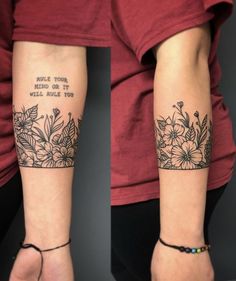 two pictures of the same arm with flowers on it and an inscription that says, you are