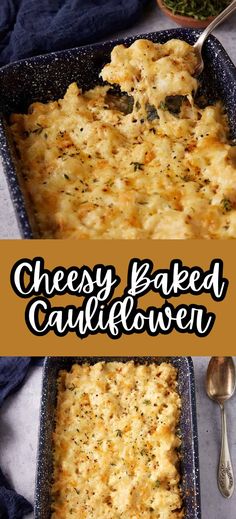 Collage of dish full of cheesy cauliflower bake at top and bottom. Cheesy Cauliflower Recipes, Cauliflower Cheese Casserole, Cheesy Cauliflower Casserole, Baked Cauliflower Recipe, Baked Cauliflower Casserole, Vegetable Casseroles, Cheesy Cauliflower Bake, Cauliflower Bake, Hotdish Recipes