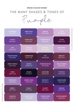 the many shades and tones of purple are featured in this color chart for each shade