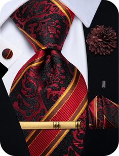 Men's Tie Red Burgundy Yellow Jacquard Striped Necktie Set Burgundy Tie, Necktie Set, Mens Ties, Ties For Men, Mens Tie, Floral Brooch, Men's Tie, Woven Fabrics, Paisley Floral