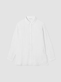 Organic Handkerchief Linen Classic Collar Shirt | EILEEN FISHER Classic Shirt For Layering With Shirttail Hem, Classic Linen Tops With Fold Down Collar, Classic Linen Tops With Shirttail Hem, Classic Linen Top With Shirttail Hem, Daywear Collared Linen Shirt, Collared Linen Daywear Shirt, Classic Linen Button-up Top, Collared Linen Shirt For Daywear, Classic Solid Linen Shirt