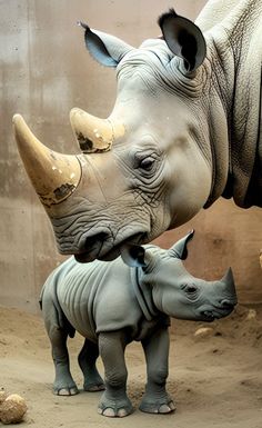 an adult rhinoceros standing next to a baby rhino