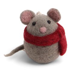 a gray mouse with a red scarf around its neck