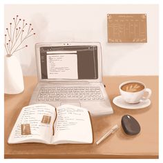 an open laptop computer sitting on top of a desk next to a cup of coffee