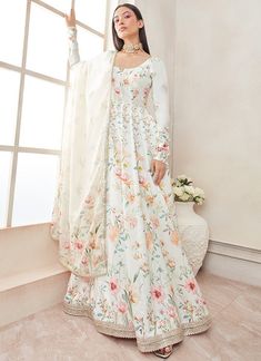 Off White Multicolor Floral Printed Anarkali– Lashkaraa Anarkali Suits Designer, Floral Anarkali, Printed Anarkali, Shades Of Peach, Designer Anarkali, Anarkali Suits, Satin Color, Anarkali Dress, Love Clothing