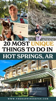 top left photo: Hot Springs National Park Bark Ranger; top right photo: girl and dog sitting near Hot Spring; bottom photo: Hot Springs National Park Visitor Center Arkansas Hot Springs, Arkansas Vacation, Arkansas Road Trip, Arkansas Vacations, Eureka Springs Arkansas, Arkansas Travel, Hot Springs Arkansas, Hot Springs National Park, Spring Hiking