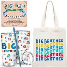 the big brother tote bag is next to two cups and a straw in it